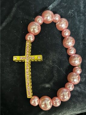 Pink Pearl Beaded Bracelet with Cross Charm